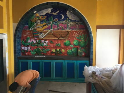 Day of the Dead mural in kitchen